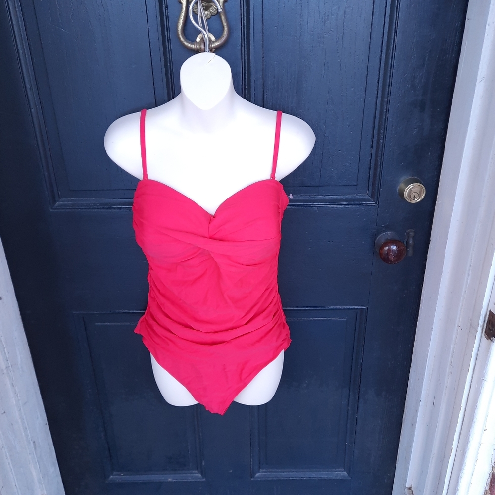 NEW RELLECIEGA Swim XL Shirred Twist Front Red Tank Strap Swimsuit